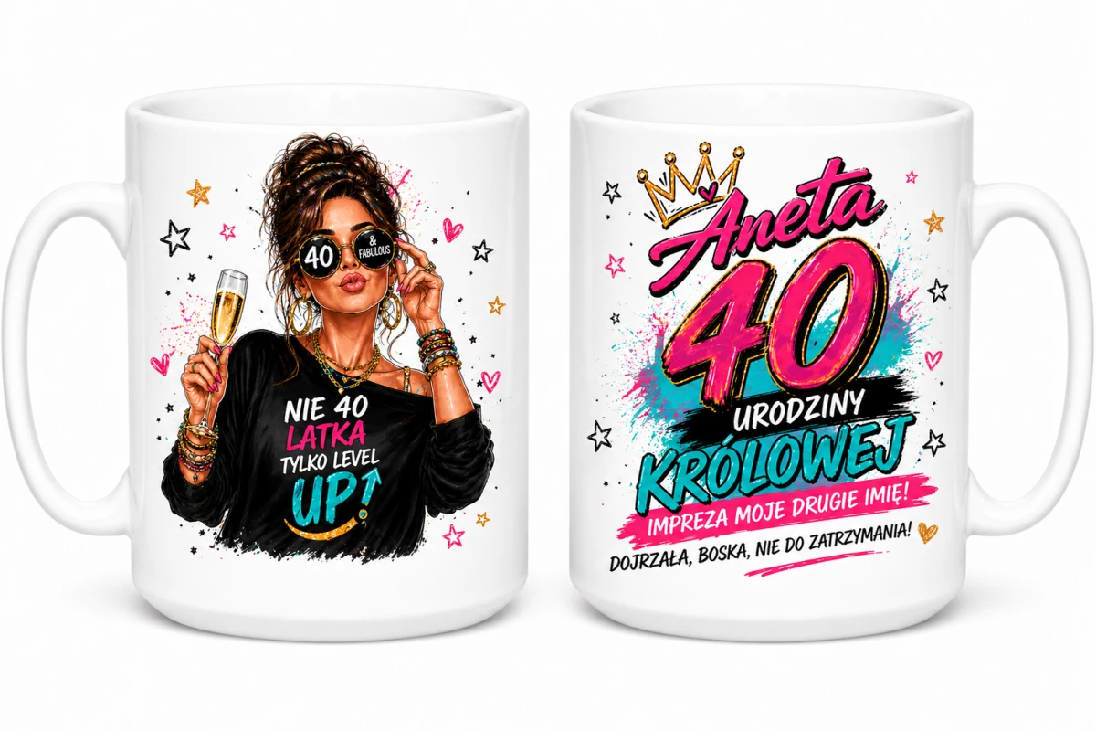 Personalizowany kubek na 40 urodziny z imieniem i motywem urodziny królowej