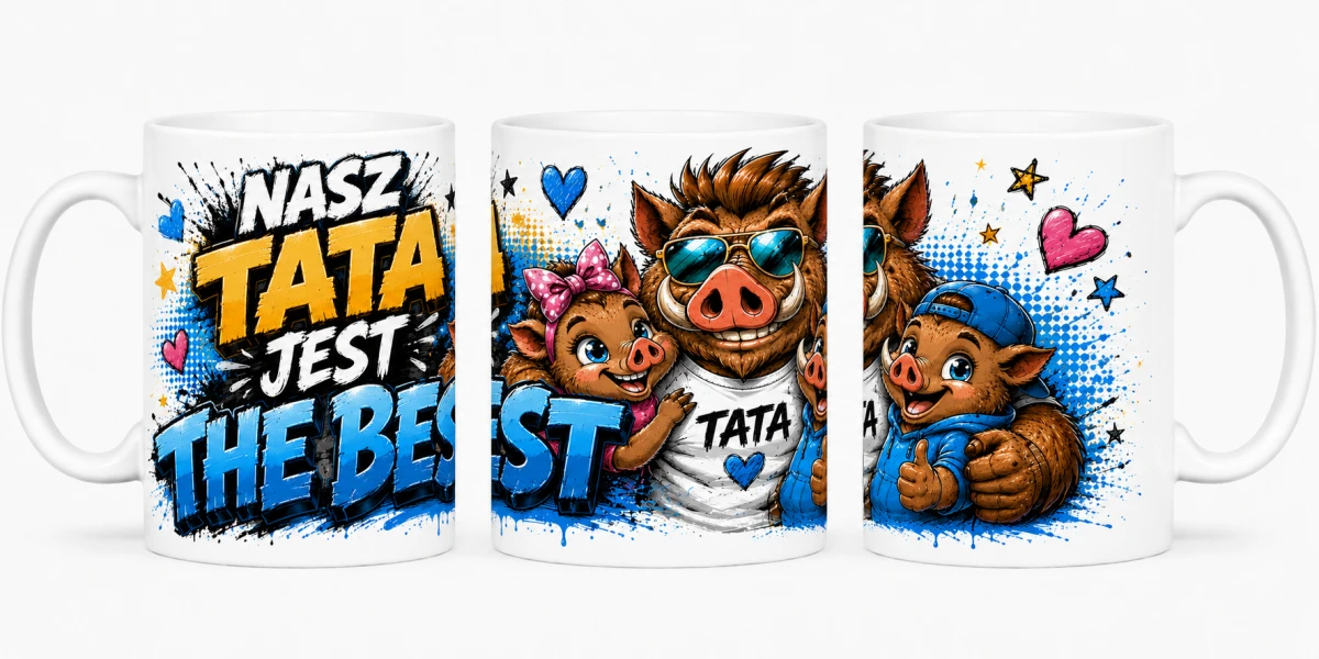 Kubek Nasz Tata jest The Best z niebieskim nadrukiem i dzikiem
