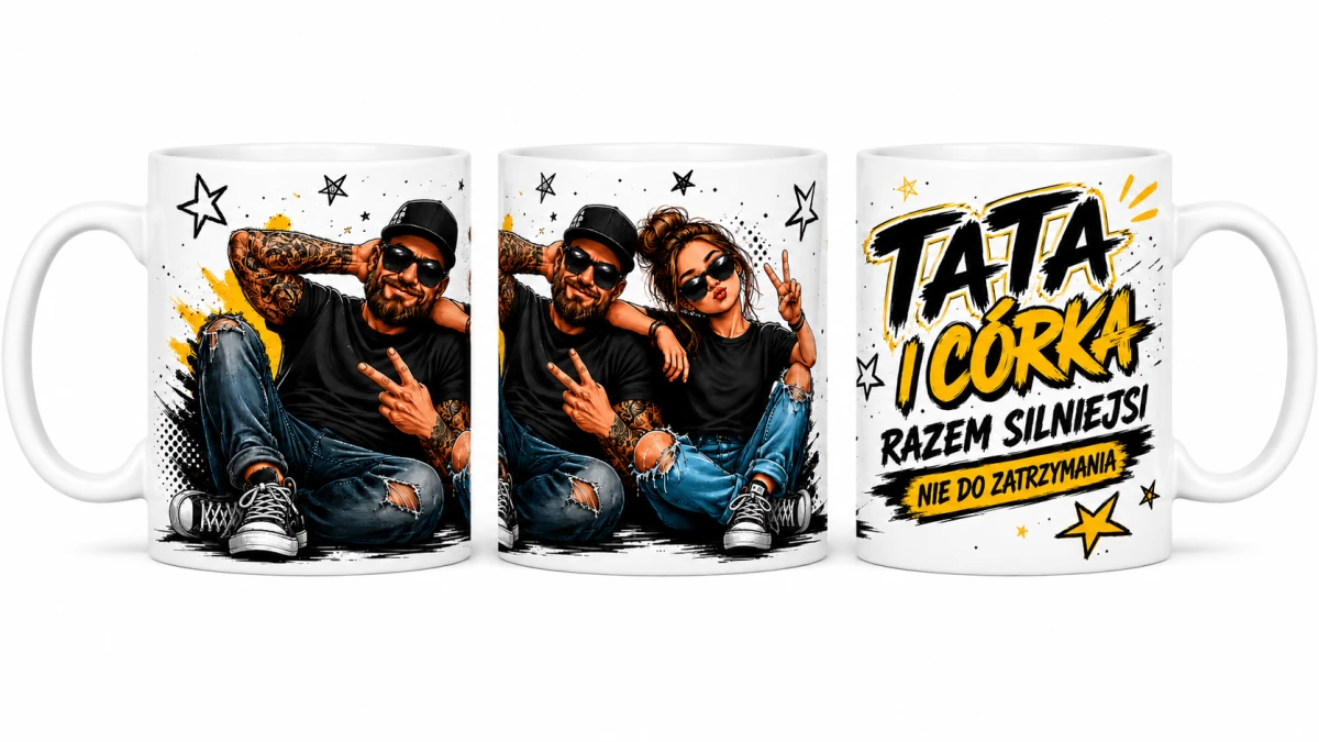 Kubek Tata i córka razem silniejsi z komiksową grafiką