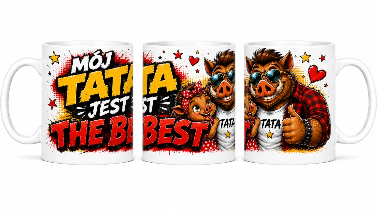 Kubek Mój Tata jest The Best czerwony z motywem dzika