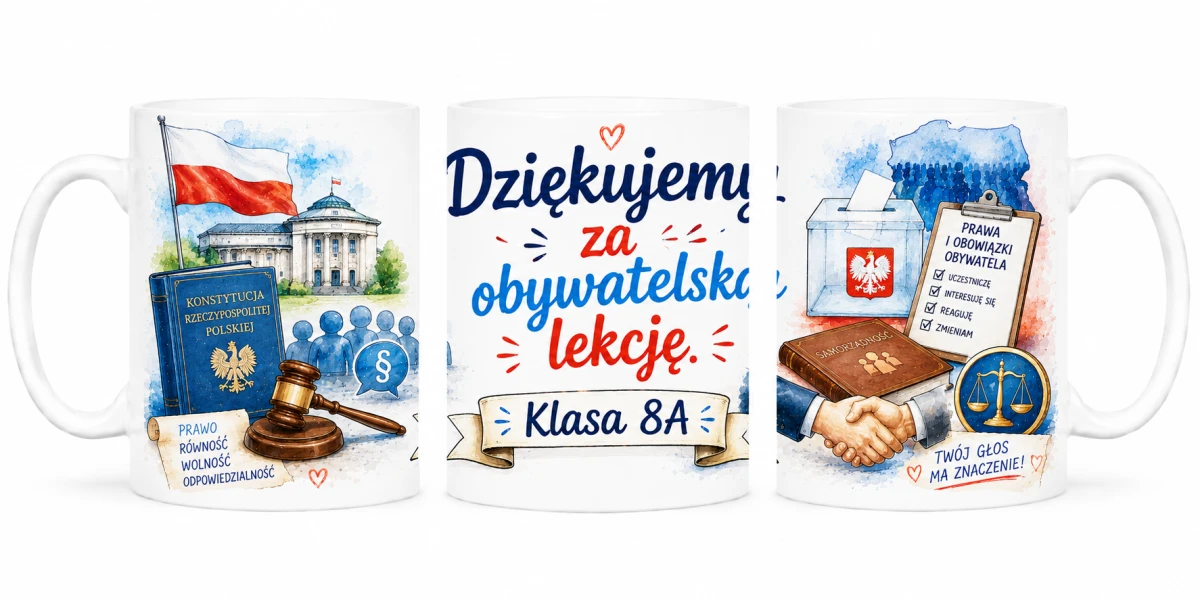 Kubek dla nauczyciela WOS-u z personalizacją klasy - prezent od uczniów