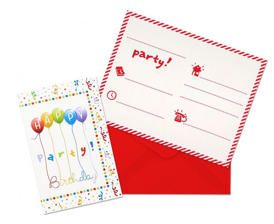 Zaproszenia z kopertami Happy Birthday Streamers Party, 6 szt