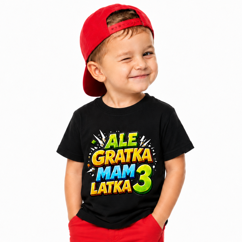 Czarna koszulka dziecięca „Ale gratka mam 3 latka”