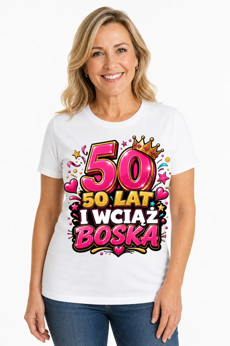 Damska koszulka na 50 urodziny – 50 lat i wciąż boska – koszulka biała z dużą cyfrą 50 i kobiecym napisem I wciąż boska