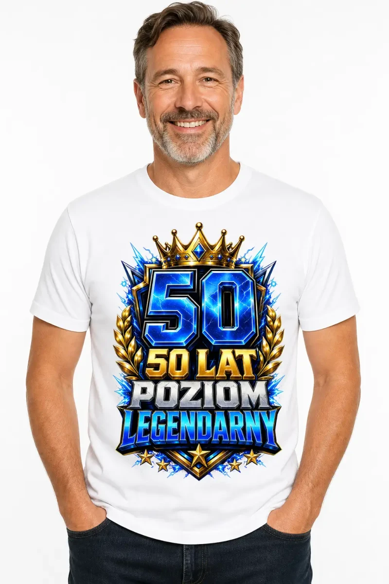 Koszulka na 50 urodziny – Poziom legendarny – koszulka biała z dużą cyfrą 50 i dynamicznym motywem Poziom legendarny