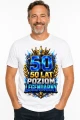 Koszulka na 50 urodziny – Poziom legendarny – koszulka biała z dużą cyfrą 50 i dynamicznym motywem Poziom legendarny