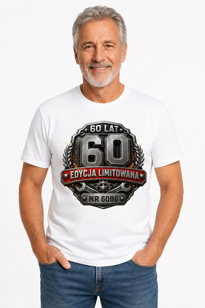 Koszulka na 60 urodziny – Edycja limitowana – koszulka biała z dużą cyfrą 60 i motywem Edycja limitowana