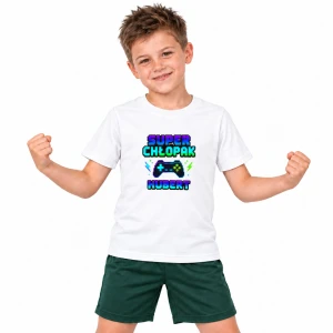 Koszulka dla chłopca na Dzień Chłopaka – Super Gamer z imieniem – biała