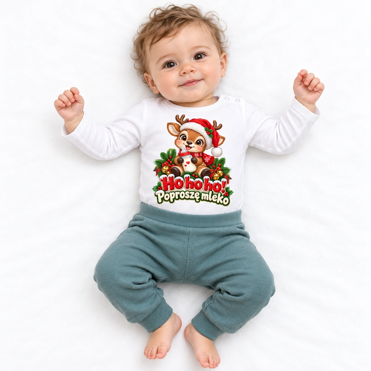 Body Ho ho ho! Poproszę mleko – mały renifer — body białe na dziecku, białe tło