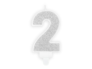 Świeczka urodzinowa cyferka 2 srebrna brokatowa 7cm