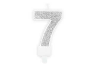 Świeczka urodzinowa cyferka 7 srebrna brokatowa 7cm