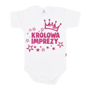 Body dziecięce KRÓLOWA IMPREZY - napis brokatowy fuksja