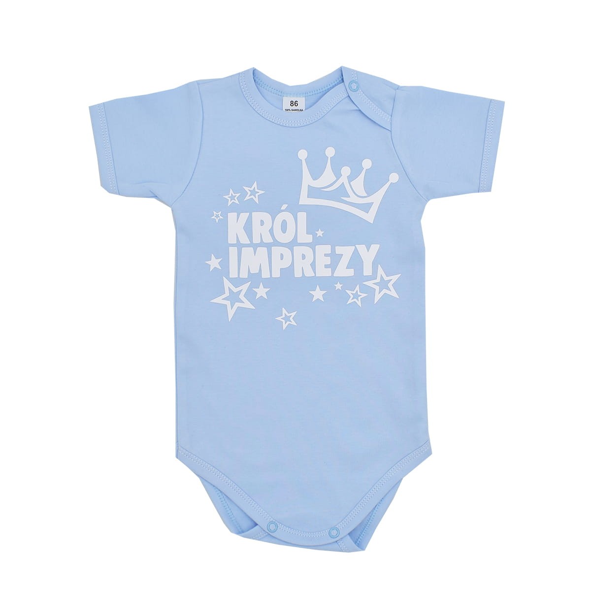 niebieskie body król imprezy z białym nadrukiem