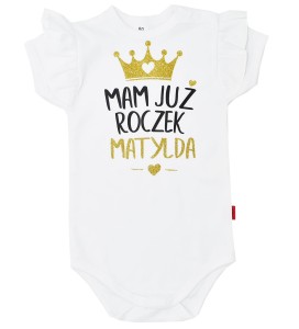 Body z falbanką Mam już roczek + imię,  złoty brokat