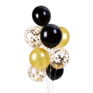 Balony 12 cali złoto-czarne mix z konfetti 10szt