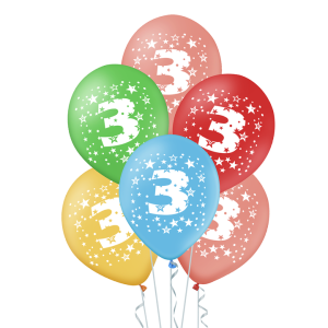Balony kolorowe z cyfrą 3 urodziny 5szt