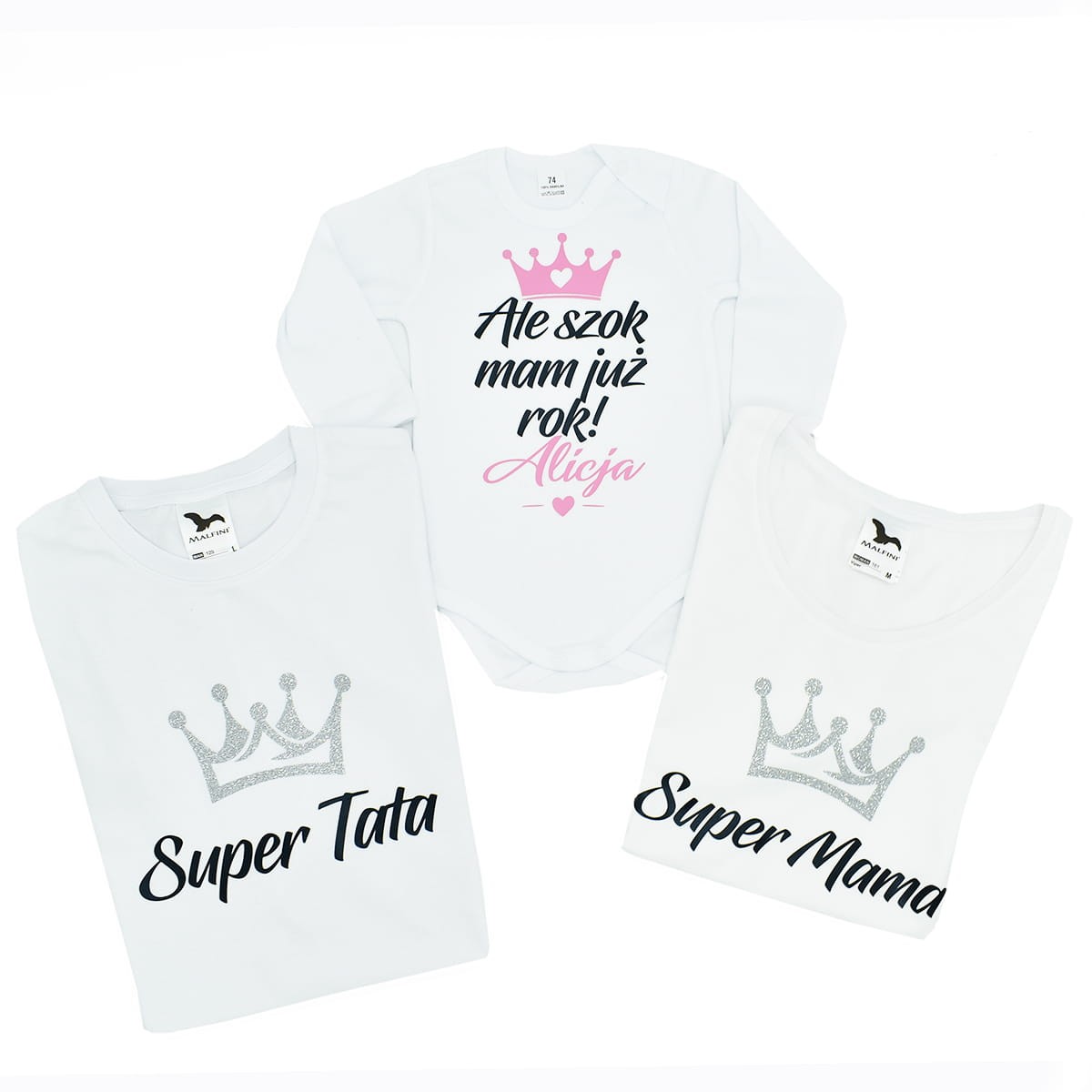 zestaw rodzinny białe koszulki super mama tata białe body Ale szok mam już rok
