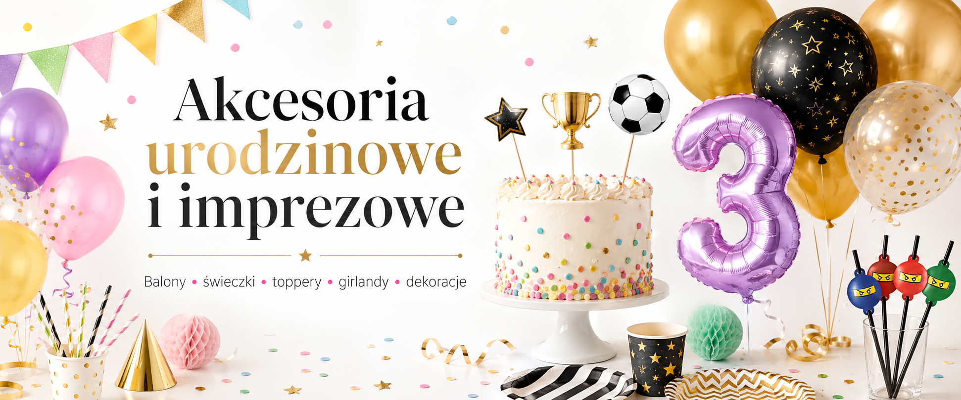 Akcesoria urodzinowe i imprezowe - balony, świeczki, toppery, girlandy i dekoracje